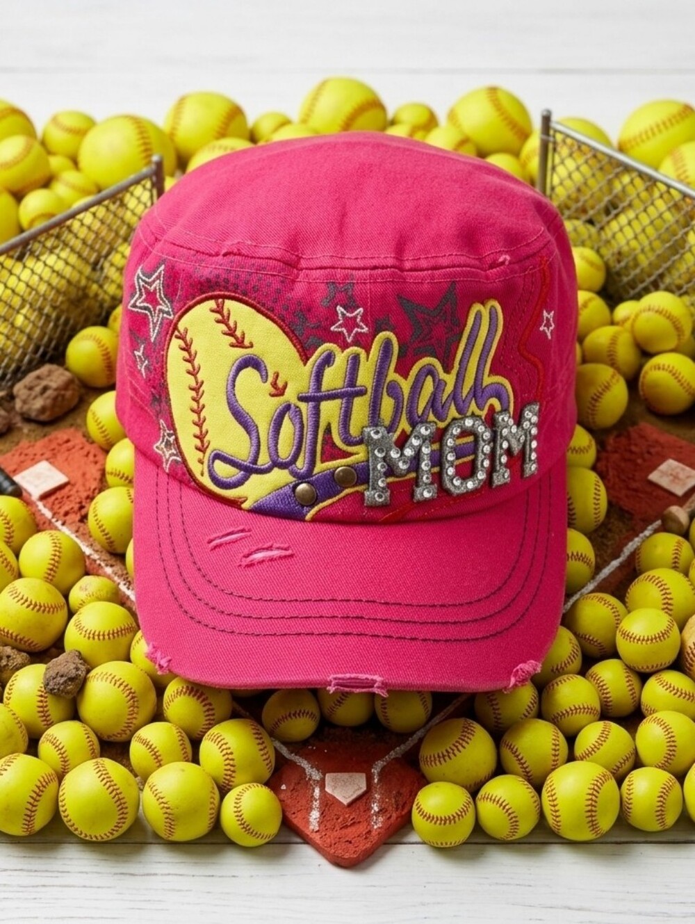 🛍🐠Pink distressed/embellished softball mom cadet style hat